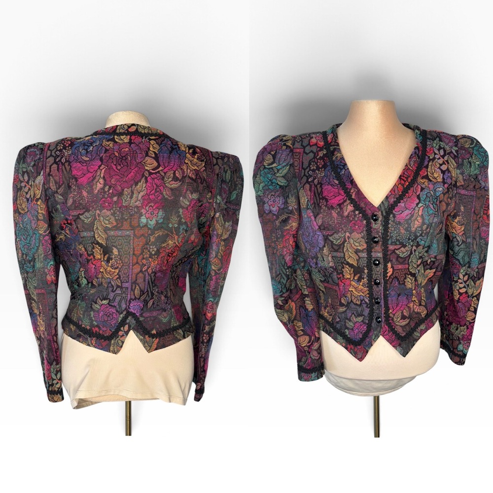 Cachet Tapestry Jacket Womens M Multi-Color Excellent 80s Floral Lace Trim